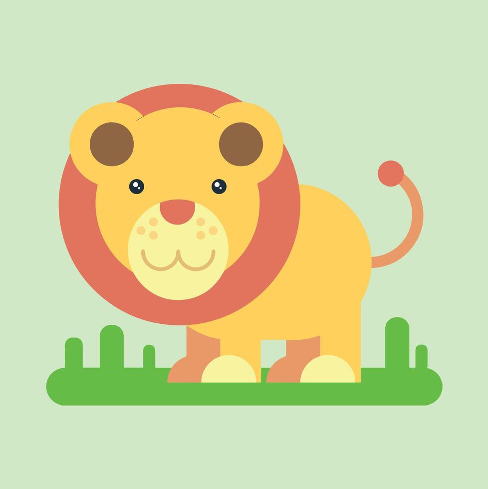 Cute wild safari jungle animals happy lion isolated on light green background. Vector illustration of jungle animal faces and heads.