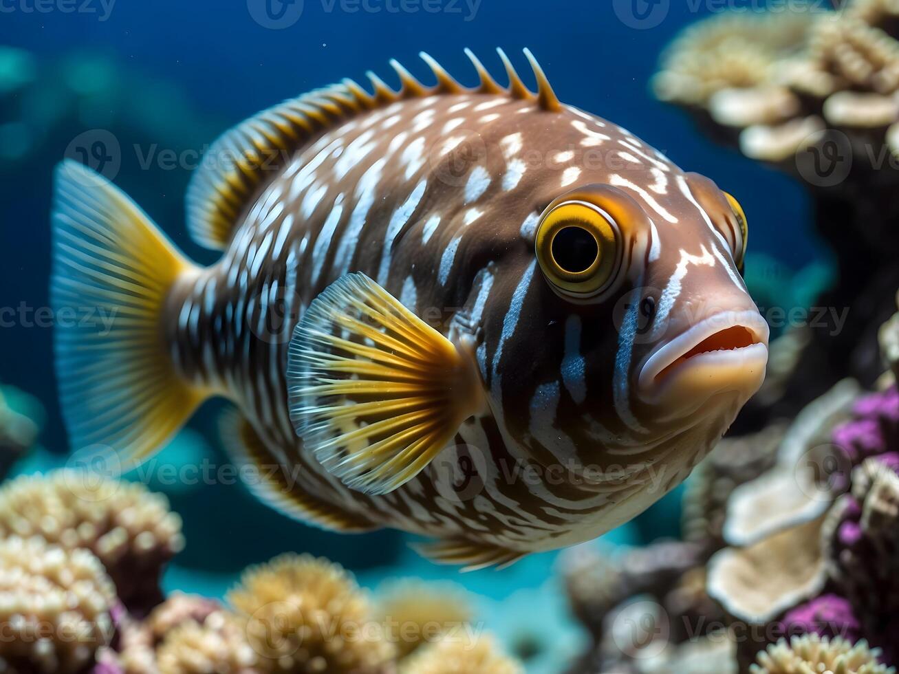 AI generated Closeup of beautiful colourful fish in the ocean, animal background, puffer fish, aquarium photo