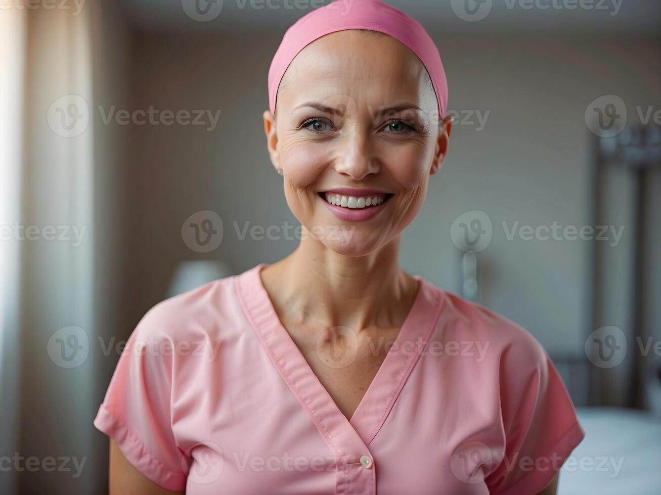 AI generated Beautiful woman with cancer smiling, dressed in pink with pink scarf on head, in hospital room, world cancer day photo