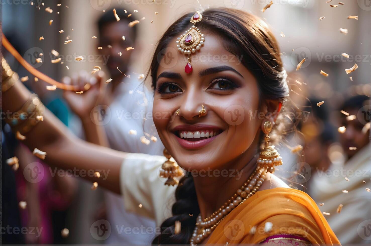 AI generated Portrait of beautiful Indian woman smiling in traditional clothing, celebrating in the street, Hindu festive concept background photo