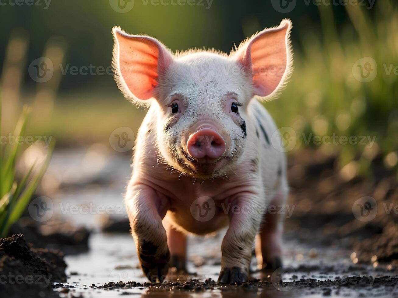 AI generated Cute little baby piglet playing in green field, animal background photo