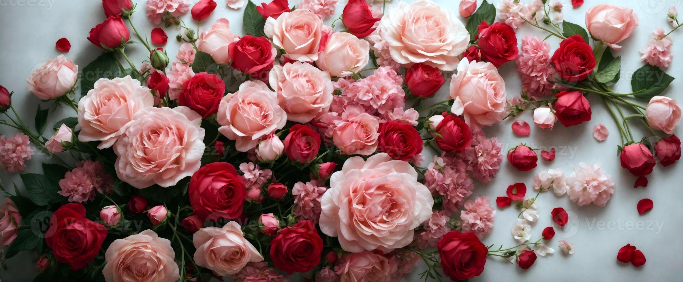 ai generado vistoso rosas fondo, plantilla, San Valentín día romántico tarjeta, bandera foto