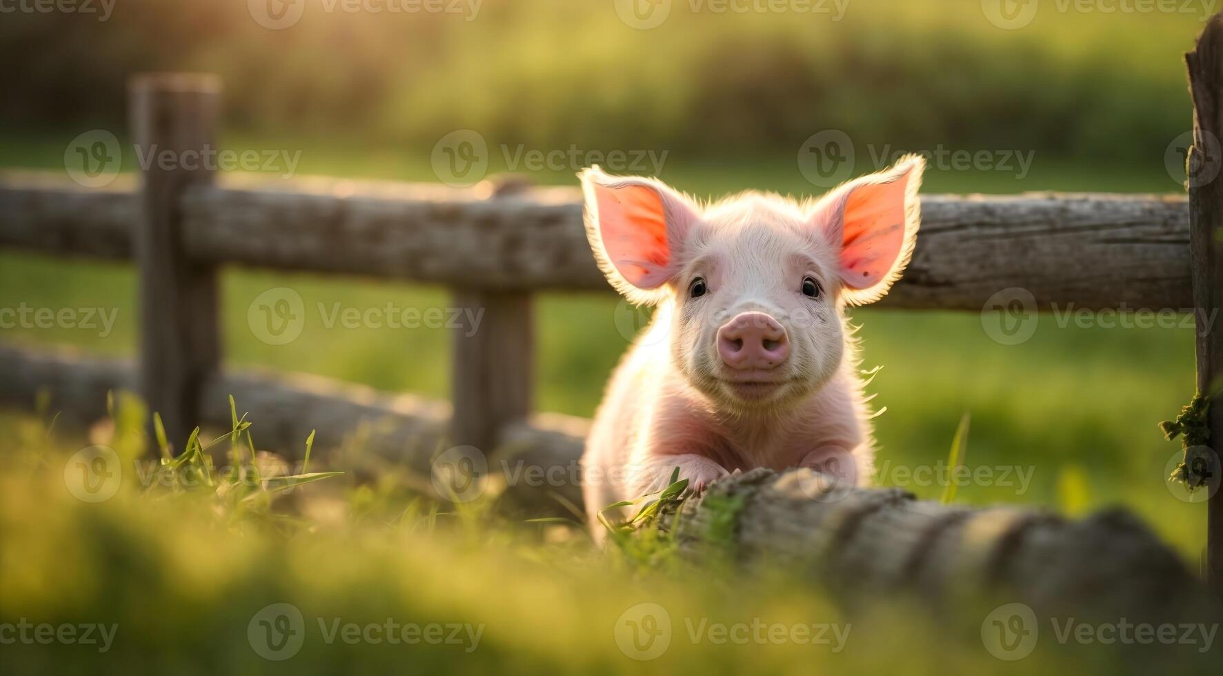 AI generated Cute little baby piglet playing in green field, animal background photo