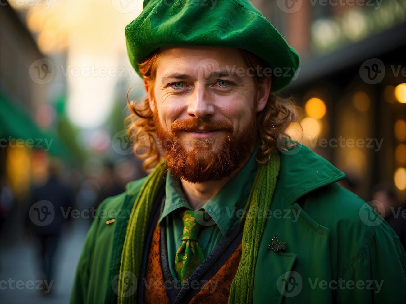 AI generated Portrait of ginger man with orange beard in St. Patrick's green costume, festive fashion background photo