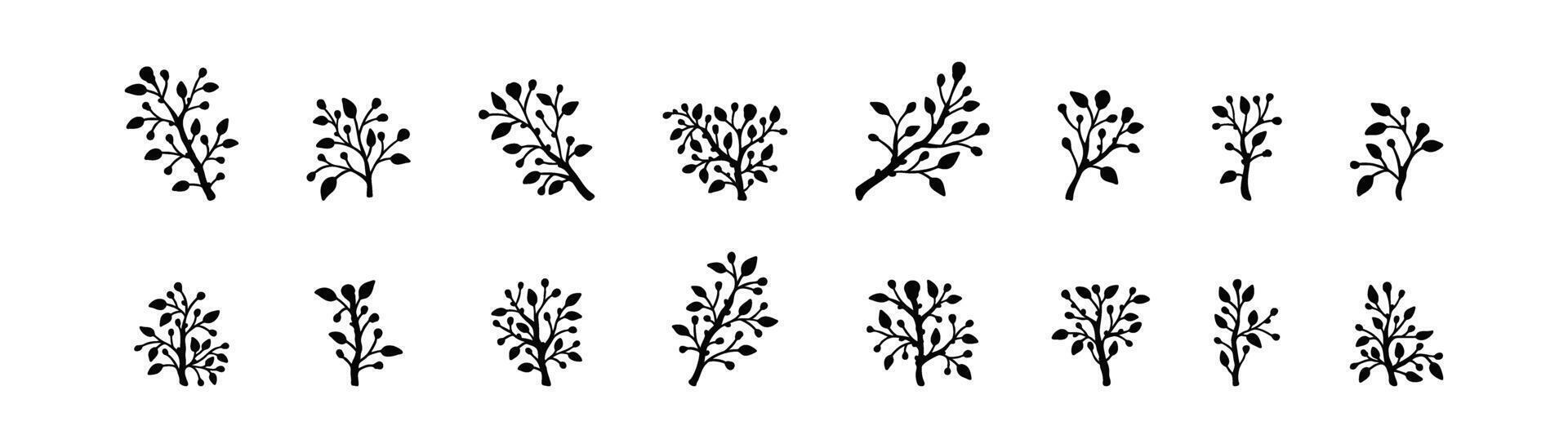 Set of organic minimalist silhouette summer and spring branches with leaves. Simple flower logo design element. Elegant floral twig decoration. Botanical simple vector illustration. Plant icon set