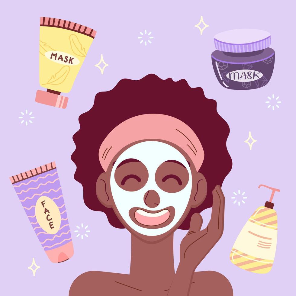Beauty black girl take Care of her Face with face mask. Bottles and tubes with cosmetics. Skin Care Routine, Hygiene and Moisturizing Concept. Flat Vector Illustration.