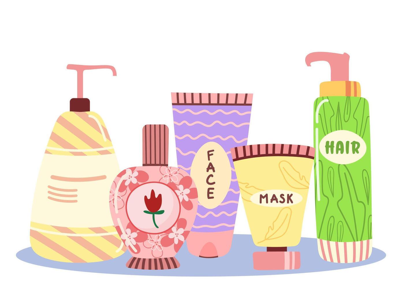 protección de la piel productos productos cosméticos colocar. natural productos cosméticos para piel y cuerpo en vistoso botellas, tubos, frascos. vector plano ilustración. de moda mano dibujo garabatear estilo aislado en blanco antecedentes.