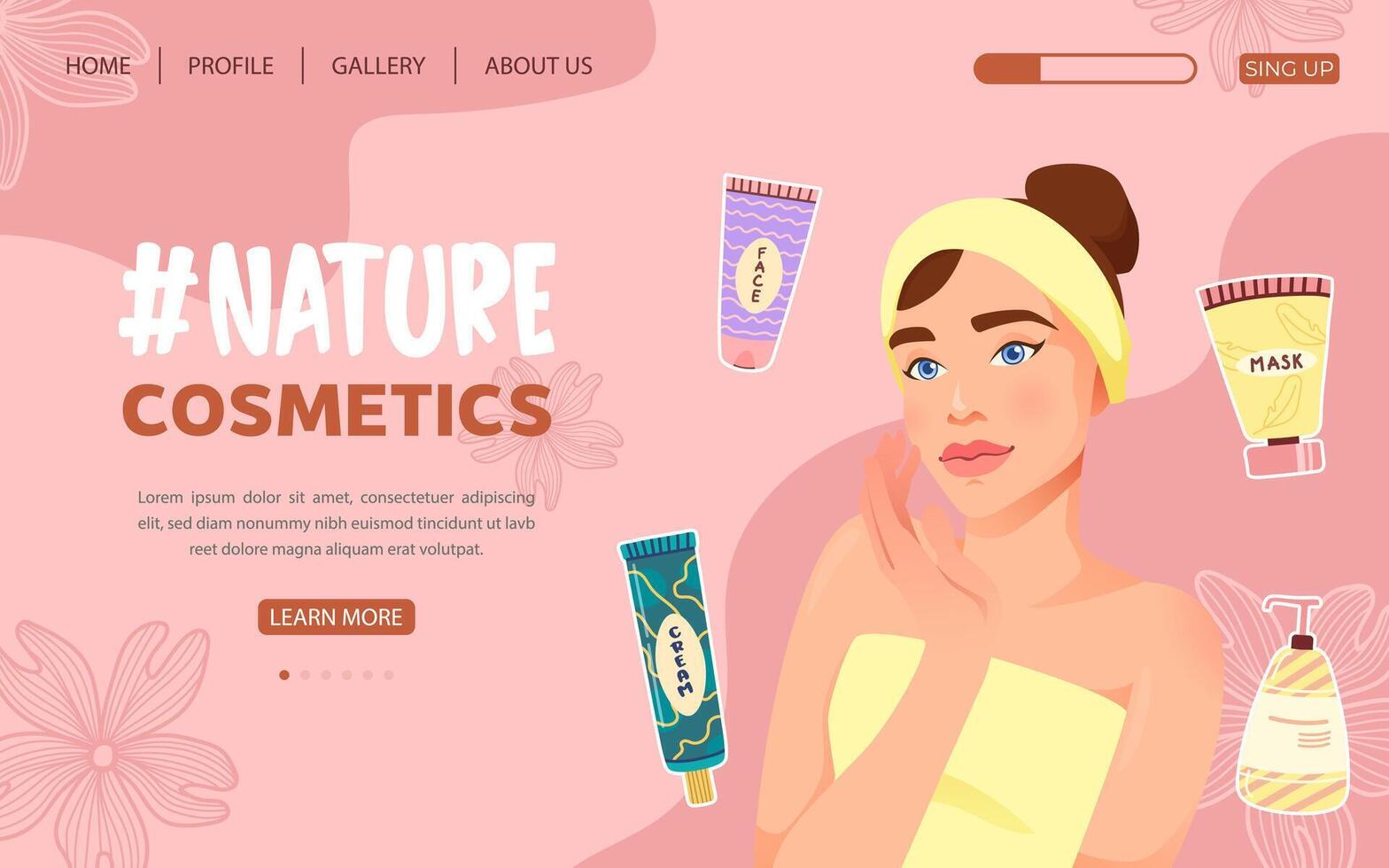 natural productos cosméticos. aterrizaje página modelo con hermosa joven mujer rodeado por botellas y tubos de productos cosméticos. web concepto. ilustración, vector. vector