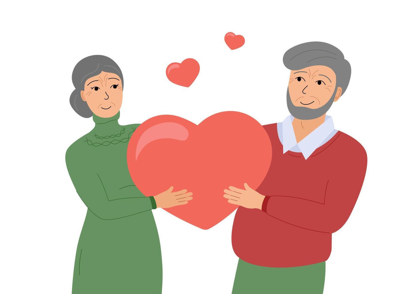 Elderly Couple in love. Senior people in romantic relationship. Retired woman and man holding big heart together. Happy mature lovers. Sweethearts flat vector illustration for Valentines Day