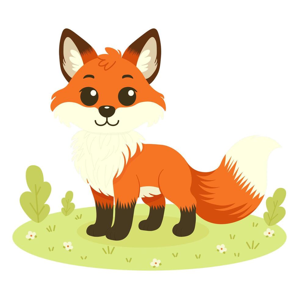 Cute fox in the meadow. Vector baby illustration