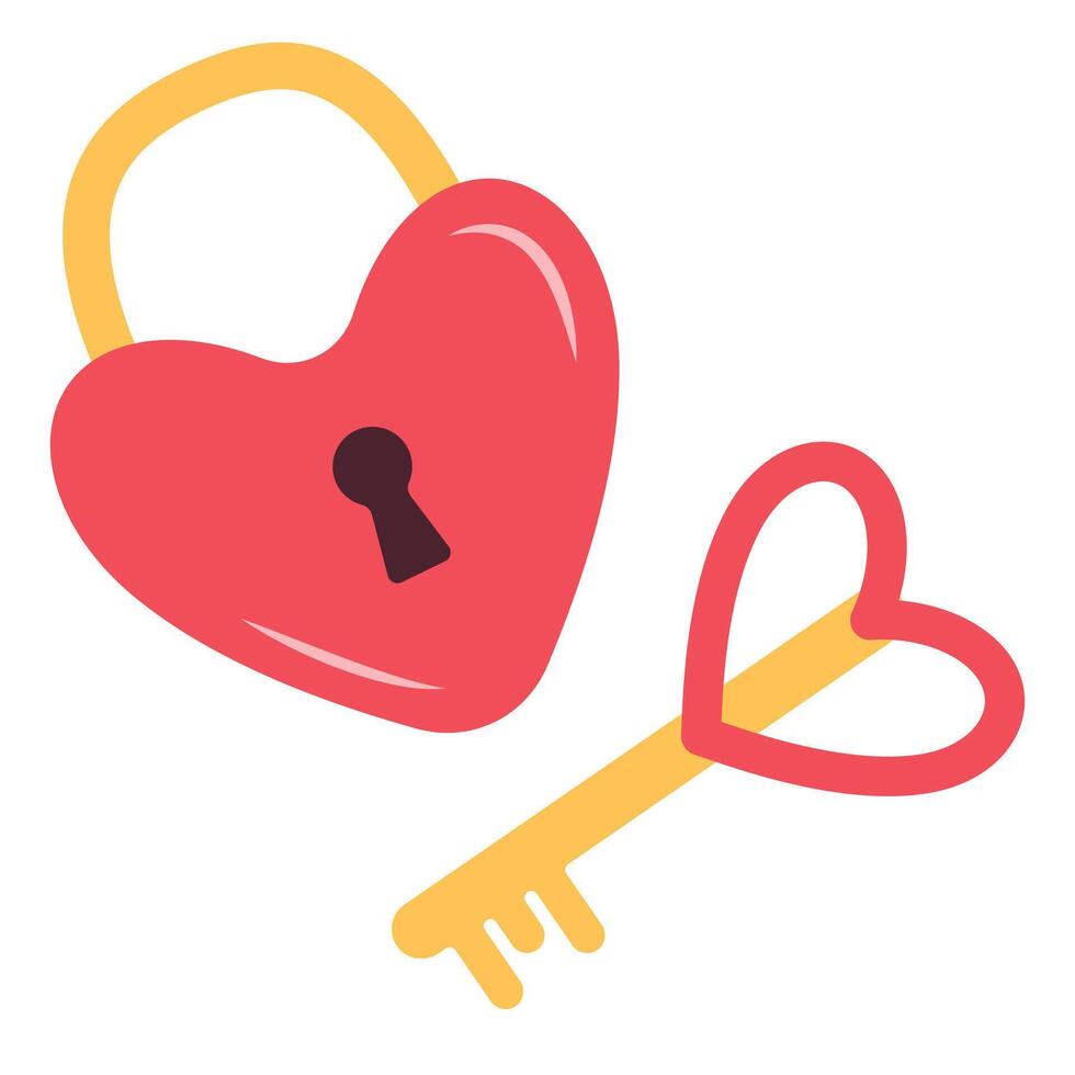 Closed heart shaped padlock with key, symbol of love. Simple Hand Drawn flat style. Retro. Perfect For Poster, Card, Invitation, Tshirt Print or Valentines Day Greeting Card. Vector illustration