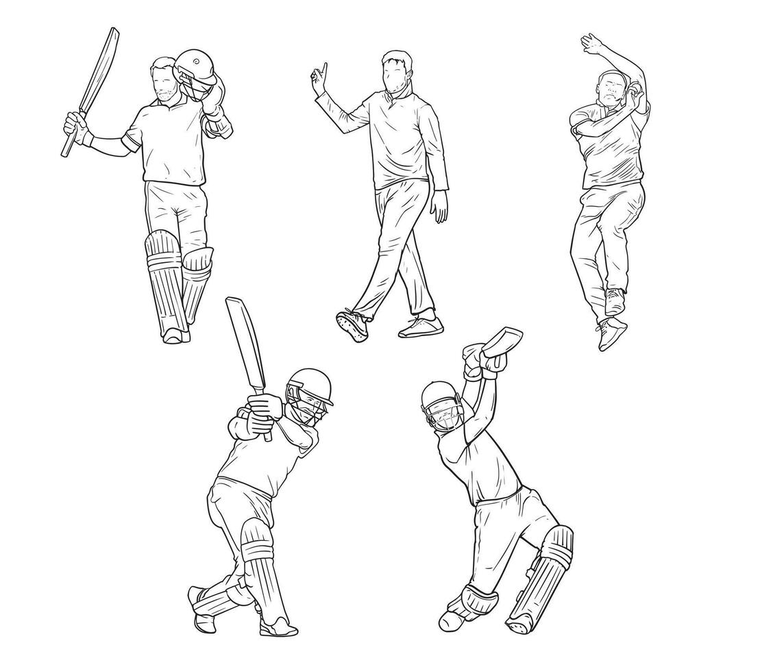 Line art cricket players activities illustration vector