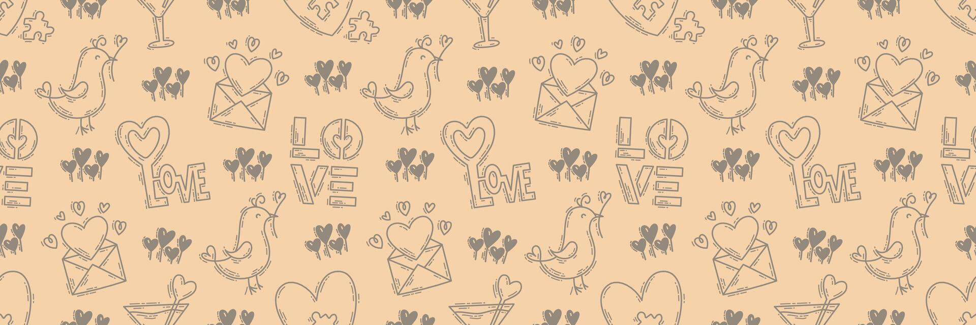 The love theme doodle style color seamless pattern, Valentines Day hand-drawn icons with a simple engraving retro effect. Romantic mood, cute symbols and elements backgrounds collection. vector