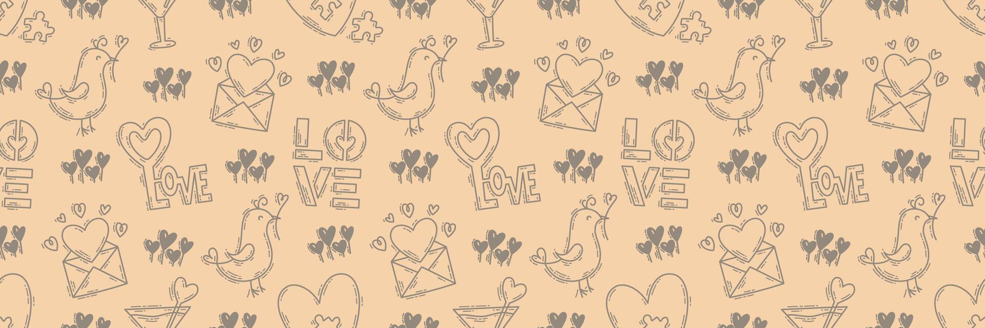 The love theme doodle style color seamless pattern, Valentines Day hand-drawn icons with a simple engraving retro effect. Romantic mood, cute symbols and elements backgrounds collection. vector