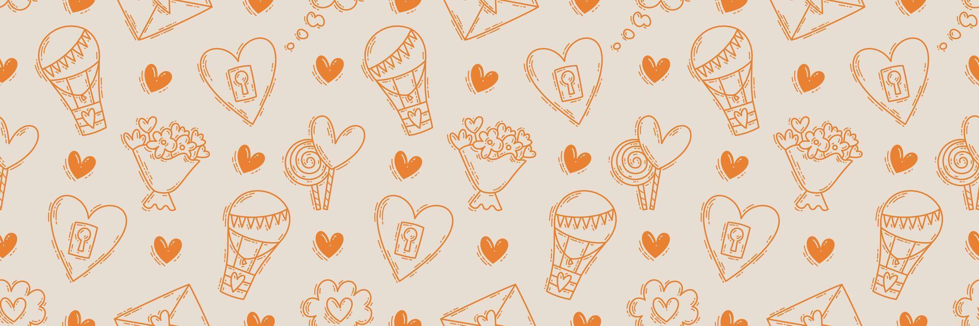 The love theme doodle style color seamless pattern, Valentines Day hand-drawn icons with a simple engraving retro effect. Romantic mood, cute symbols and elements backgrounds collection. vector