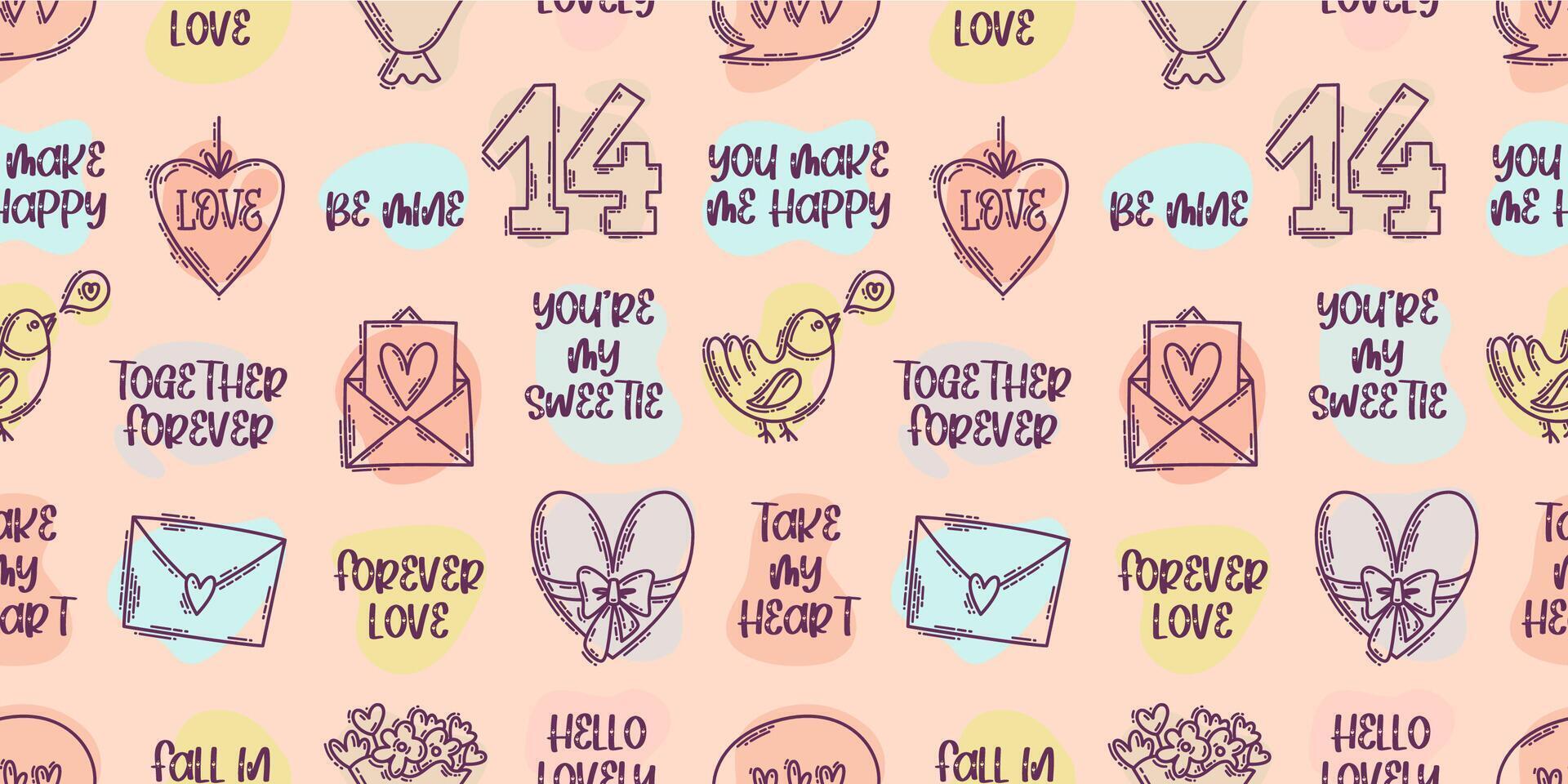 The love theme doodle style color seamless pattern, Valentines Day hand-drawn icons with a simple engraving retro effect. Romantic mood, cute symbols and elements backgrounds collection. vector