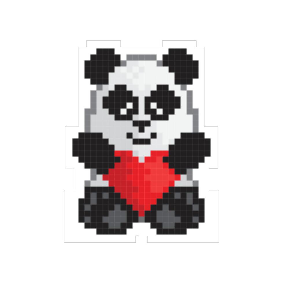 Square vector illustration of a toy panda bear holding a red heart. Valentines day card, sticker, icon. Pixel art style