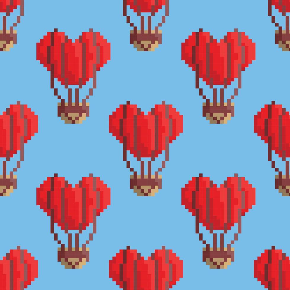 Vector seamless pattern with red heart shaped balloons in the sky. Pixel art style