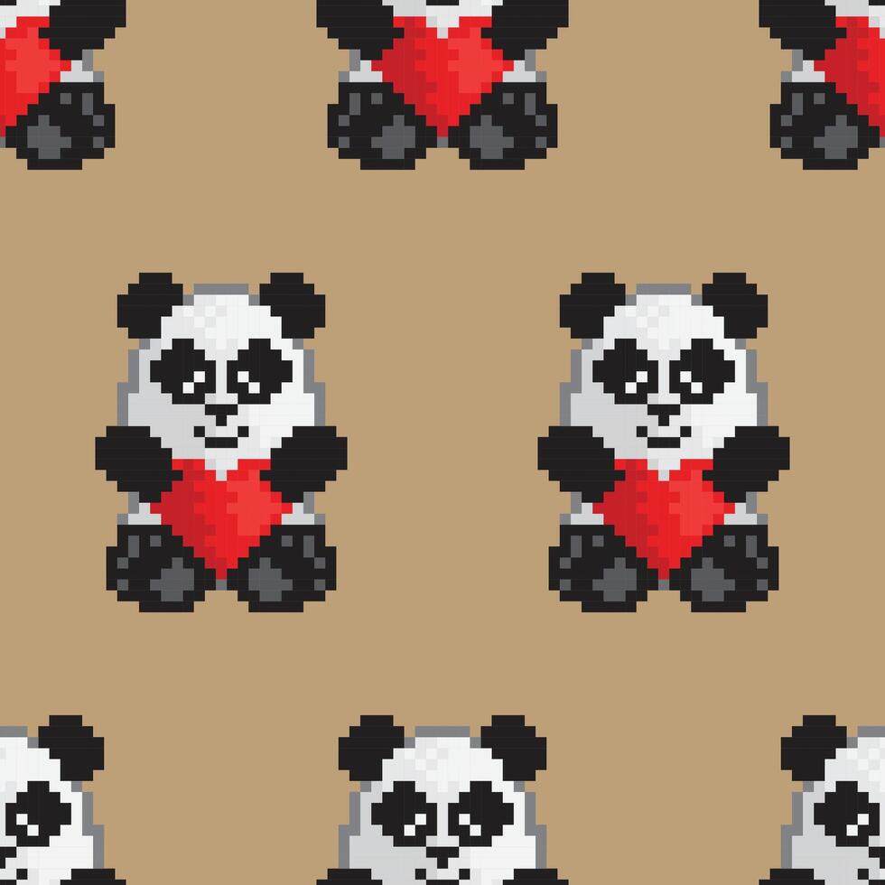 Vector seamless pattern of a toy panda bear holding a red heart. Pixel art style