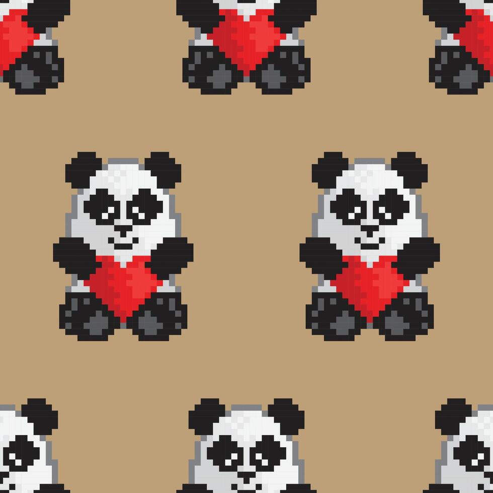 vector sin costura modelo de un juguete panda oso participación un rojo corazón. píxel Arte estilo