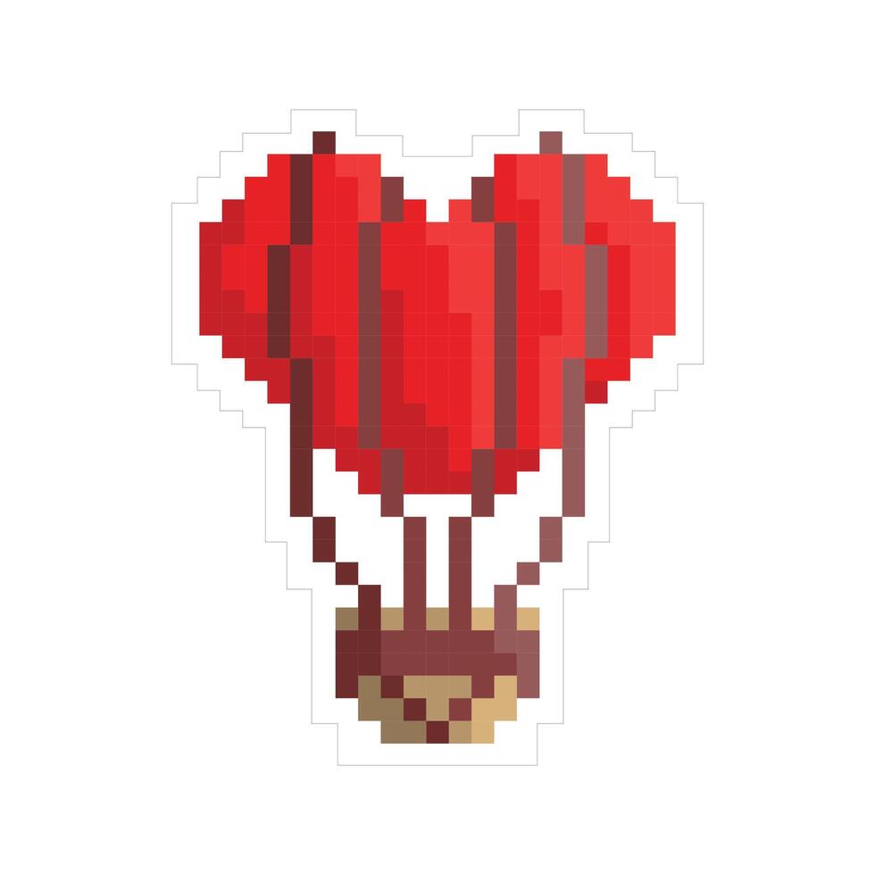 Square vector illustration of a heart-shaped red hot air balloon. Valentines Day card, sticker, icon. Pixel art style