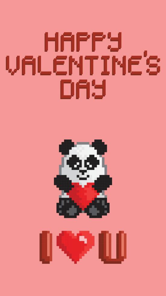 Valentines Day greeting card with a toy panda bear holding a red heart. Pixel art style vector