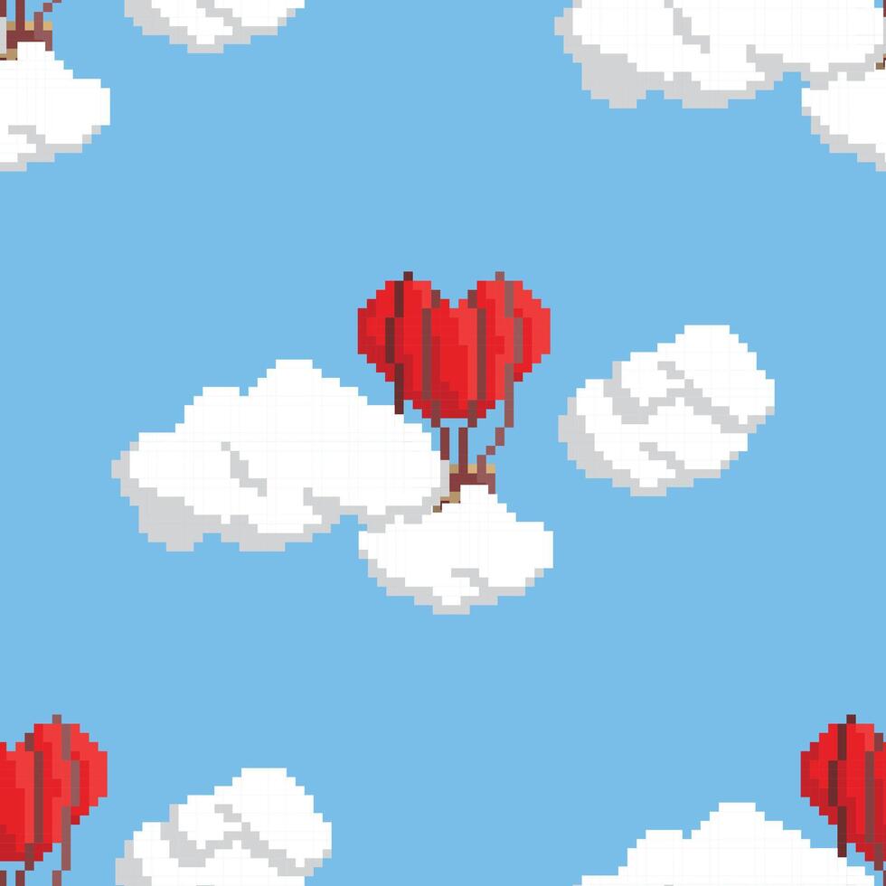 Vector seamless pattern with red heart shaped balloons in the sky. Pixel art style
