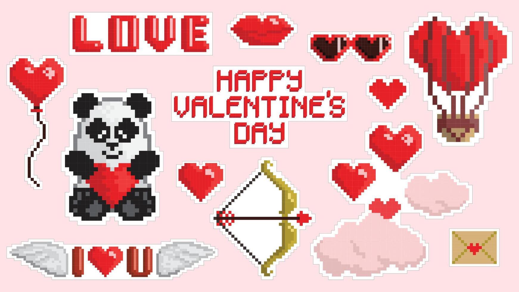 Valentines Day pixel art style stickers set. Balloons, hearts, lettering, various heart-shaped objects vector