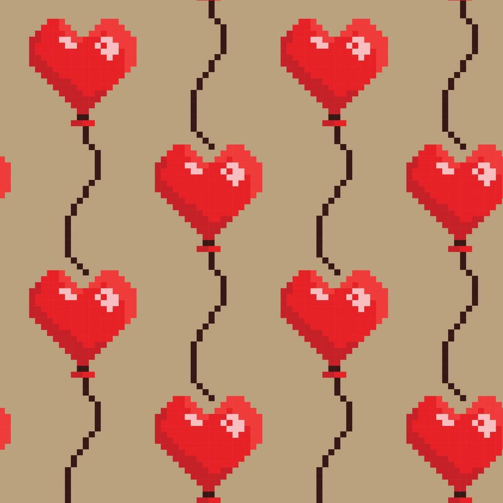 Vector seamless patter with heart shaped red balloons on biege backrgound. Pixel art style