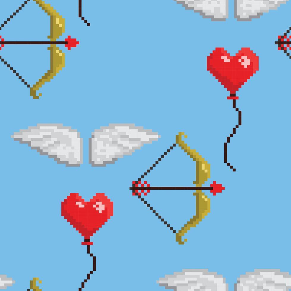 Vector seamless pattern with red heart shaped balloons in the sky. Pixel art style