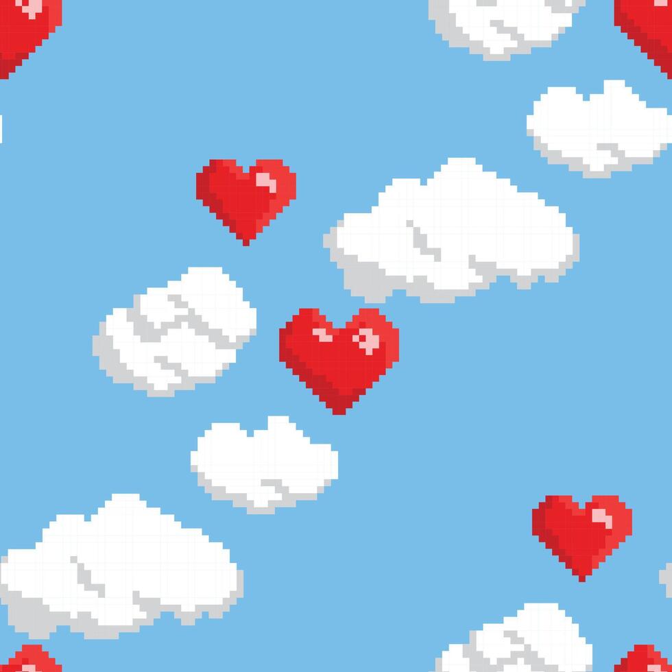 Vector seamless pattern with red heart shaped balloons in the sky. Pixel art style