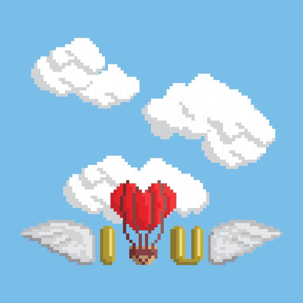 Valentines Day greeting card with a heart-shaped balloon in the sky. Pixel art style vector