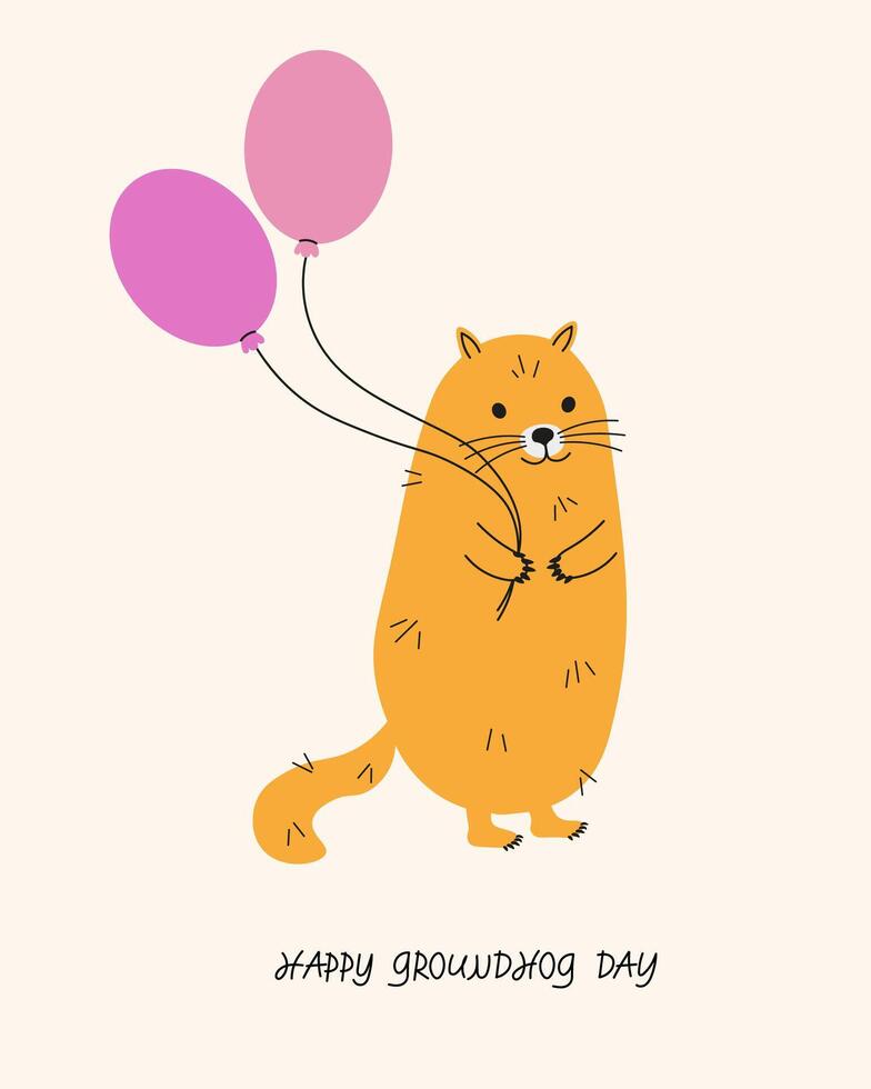Groundhog cartoon animal rodent with balloons hand drawn festive card flat vector illustration Groundhog Day greetings, print ,flyer, poster, paper, template, design background with Marmot 2 February