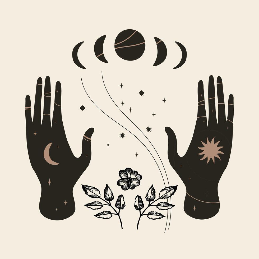 Full Moon magic Rituals hand drawn vector boho illustration mystical motif Doodle with hands moon stars wild plants. Lifestyle, change, customs, yoga, spiritual, ayurveda. Design for flyer print card