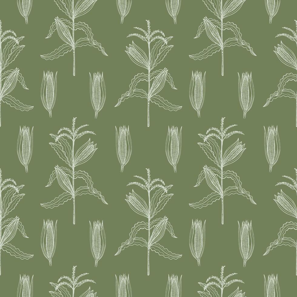 Corn background hand drawn seamless pattern. Vector repeating backdrop with corn cobs, kernels, cereal plant branch, maize field. Agricultural crop, harvesting, food, sweet corn flakes, porridge