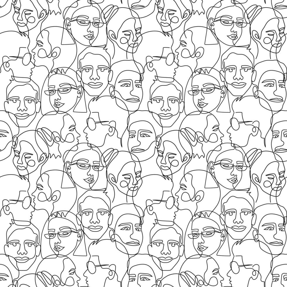 One line art face woman and man seamless pattern. Modern minimalist abstract portrait. Seamless background. One line drawing faces vector