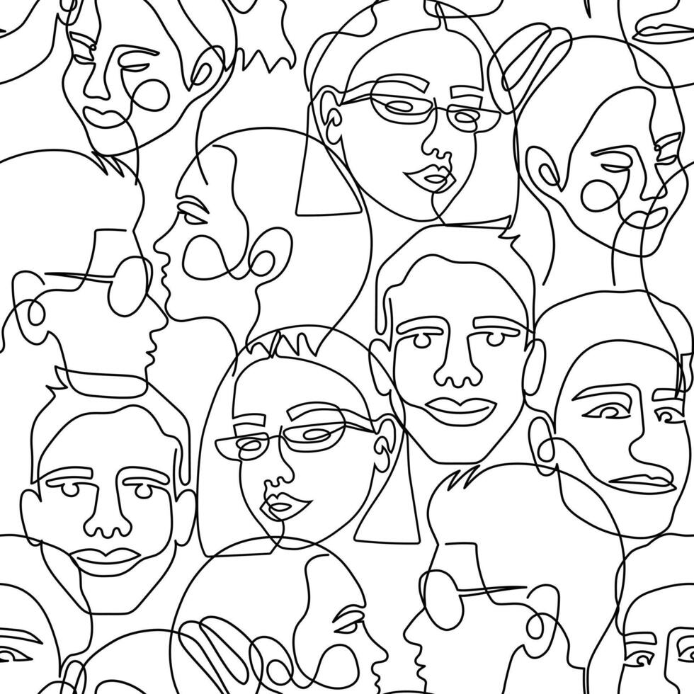 One line art face woman and man seamless pattern. Modern minimalist abstract portrait. Seamless background. One line drawing faces vector