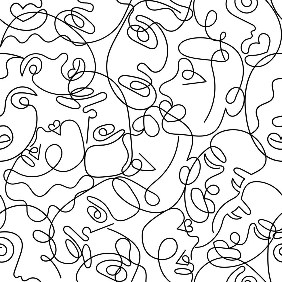 One line art face woman and man seamless pattern. Modern minimalist abstract portrait. Seamless background. One line drawing faces vector