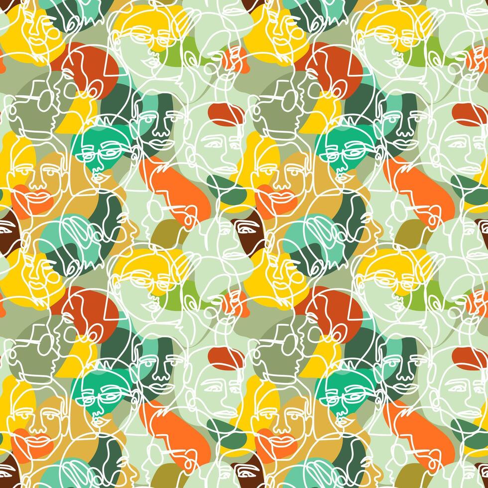 Camouflage seamless pattern with the face of a woman and a man drawn in one line. Seamless background camouflage vector