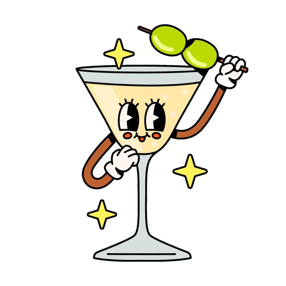 Cheerful cocktail character with olives on a skewer. Cartoon groovy style. vector