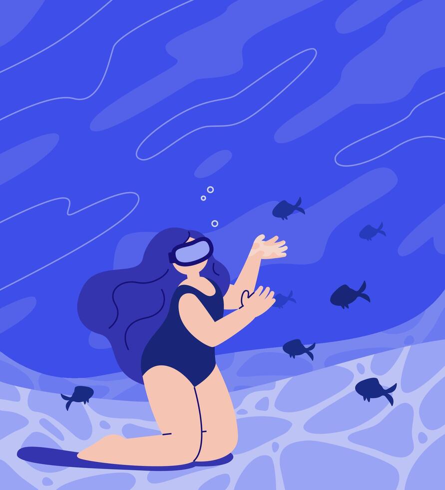 mujer nada submarino, disfrutando el belleza de el Oceano piso y pez. vector