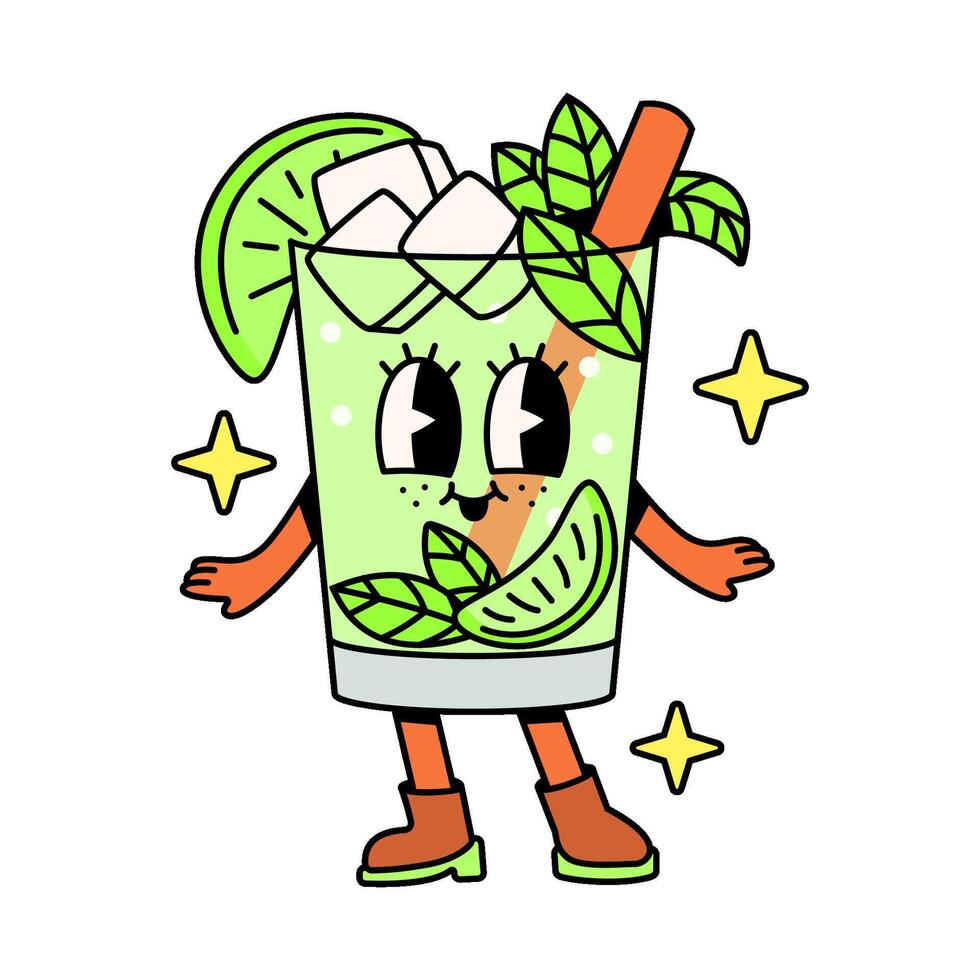 Cocktail character Mojito in groovy style isolated on a white background. vector