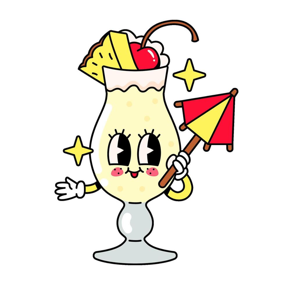 Cocktail character Pina Colada with an umbrella in groovy style isolated on a white background. vector