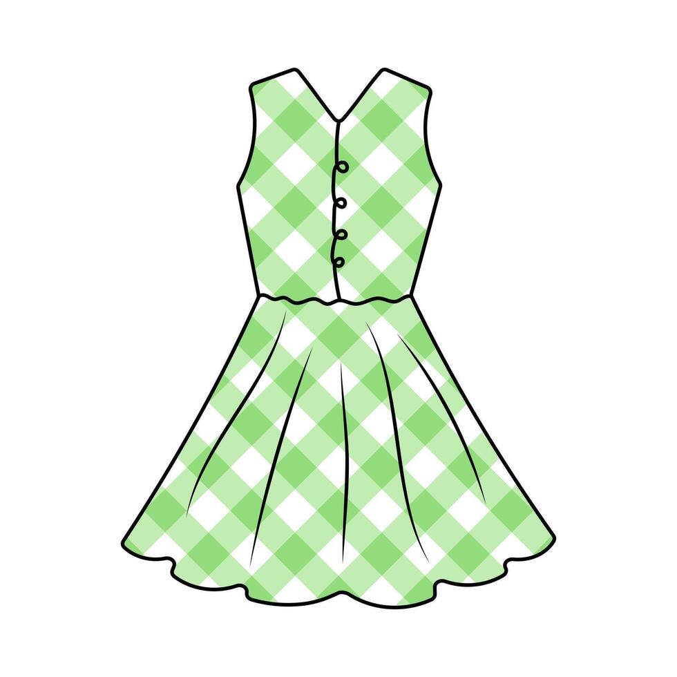 Dress women's, technical drawing. Romantic dress checkered isolated on a white background. Fashion women clothes vector