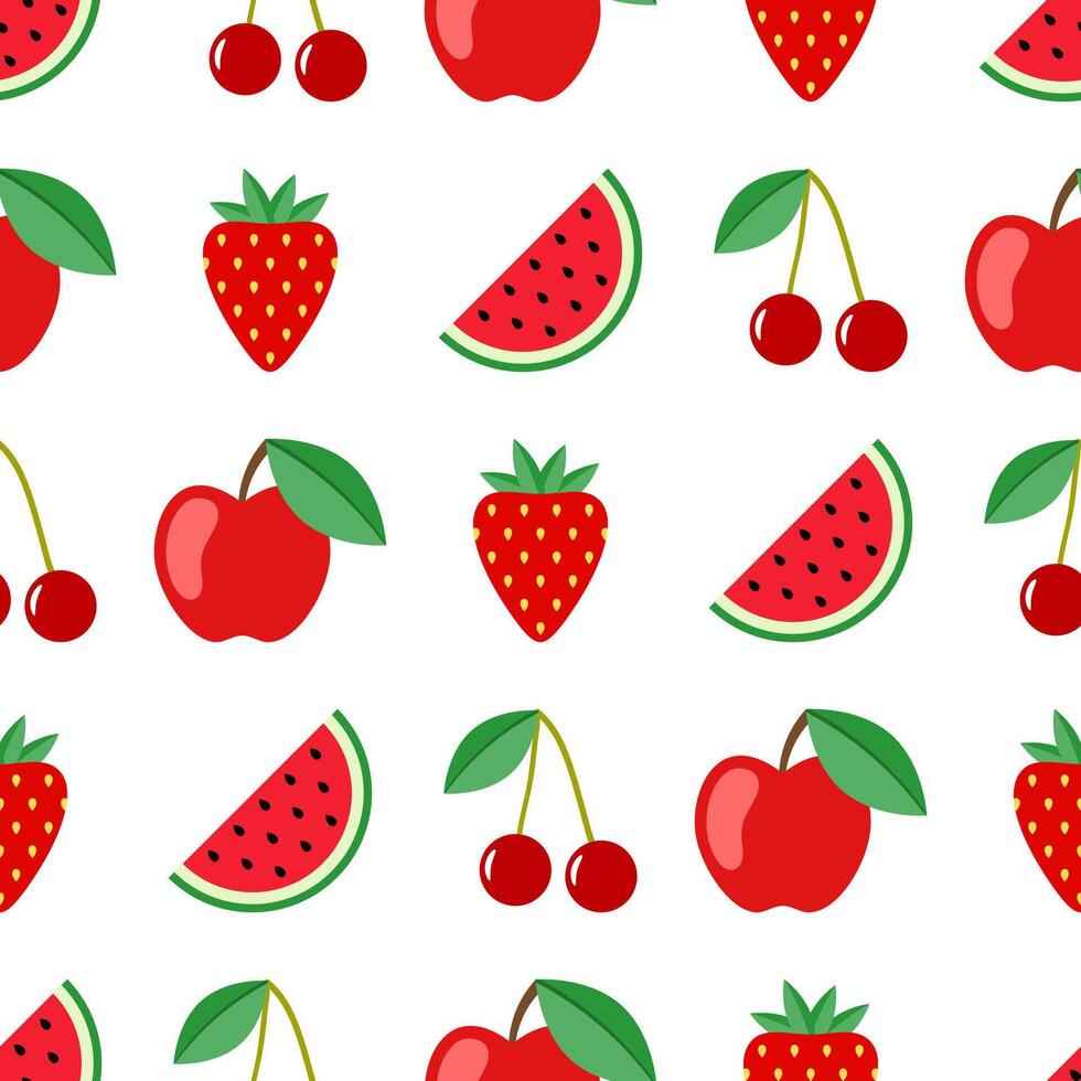 Fruit and berry seamless pattern. Watermelon, cherry, apple, strawberry seamless background. Juicy cute pattern. Vector illustration