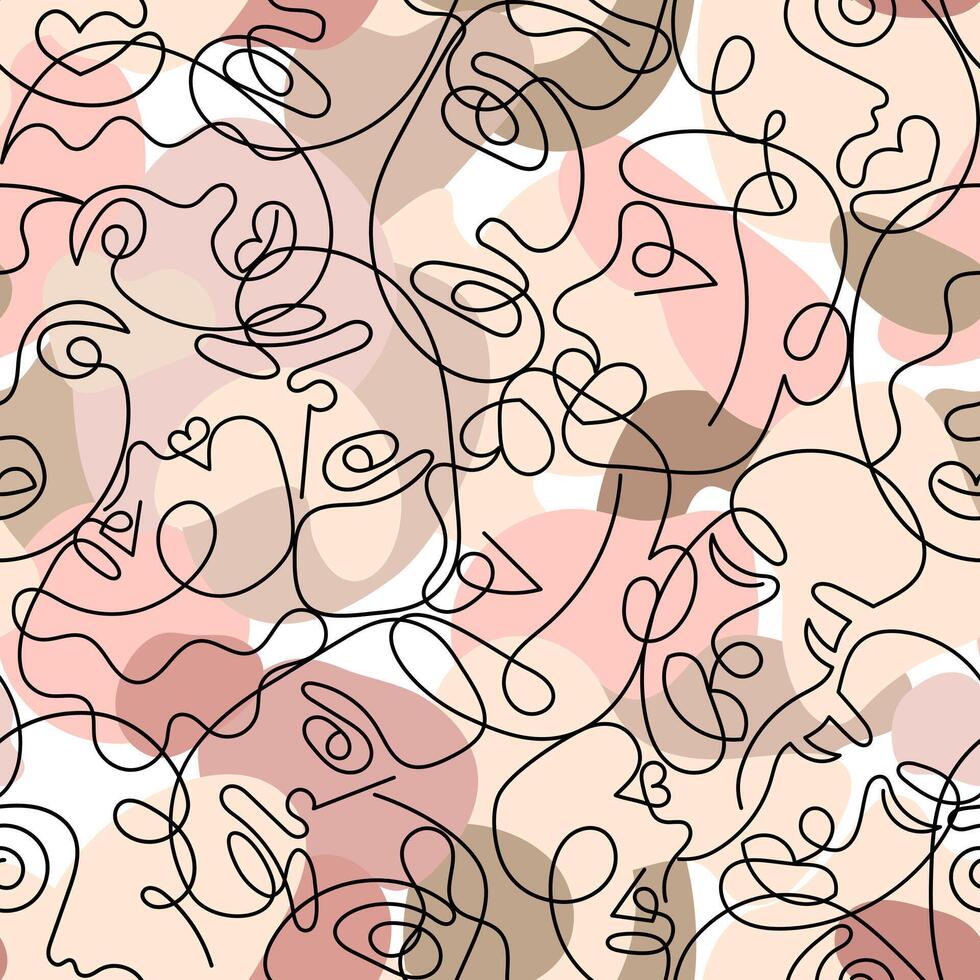 Camouflage seamless pattern with the face of a woman and a man drawn in one line. Seamless background camouflage vector