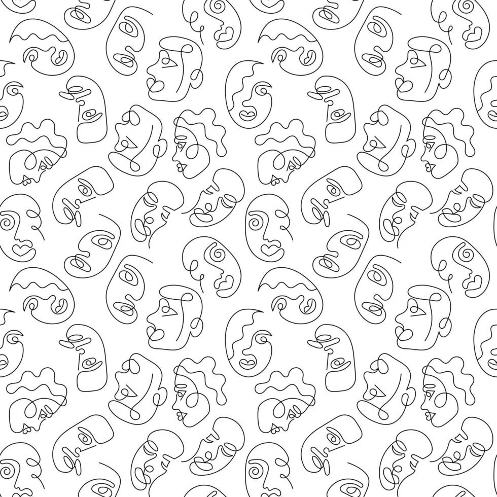 One line art face woman and man seamless pattern. Modern minimalist abstract portrait. Seamless background. One line drawing faces vector