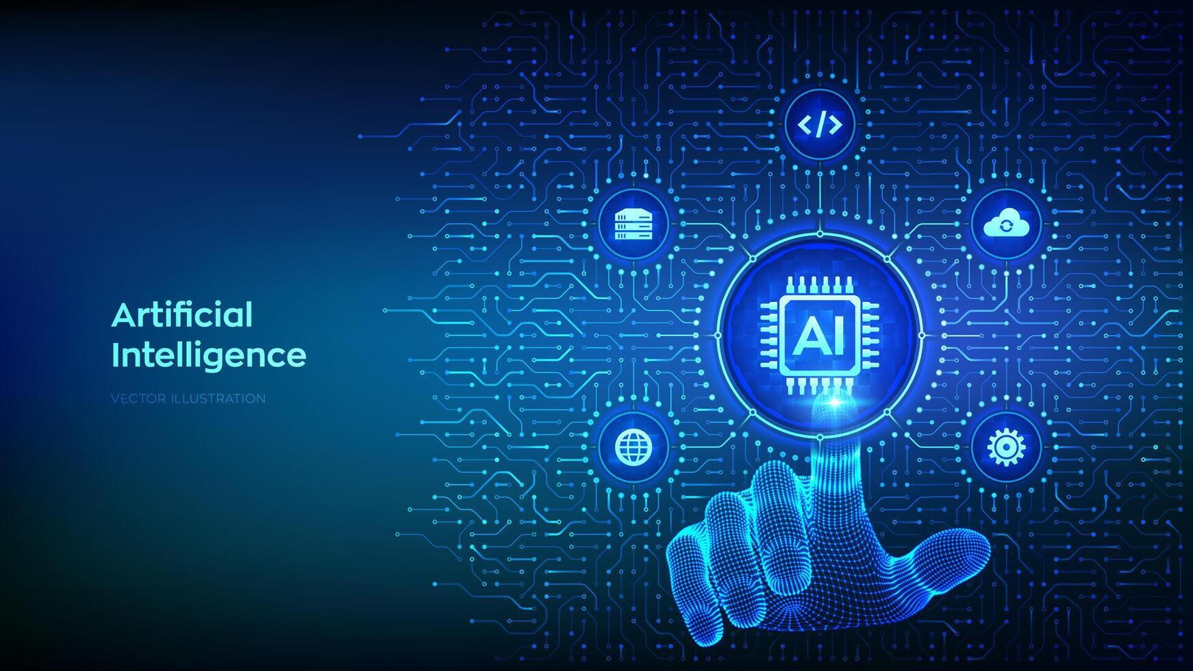 ai. artificial inteligencia. máquina aprendizaje tecnología. grande datos. neural redes antecedentes con circuito tablero conexiones y tecnología iconos estructura metálica mano prensado botón. vector ilustración.