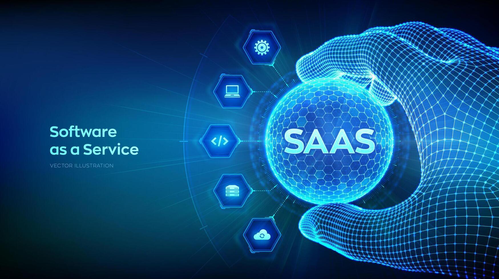 SaaS. Software as a service technology concept in the shape of sphere with hexagon pattern in wireframe hand. Cloud computing service. Data server, remote database. Vector Illustration.