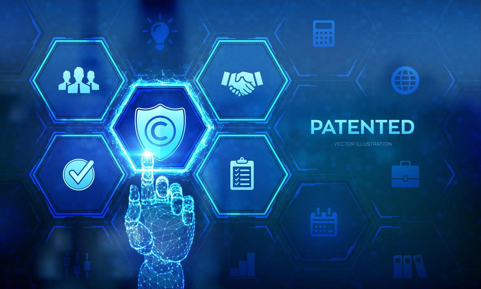 Patented. Patent Copyright Law. Copyright. Author rights, patented intellectual property business technology concept on virtual screen. Wireframe hand touching digital interface. Vector illustration.